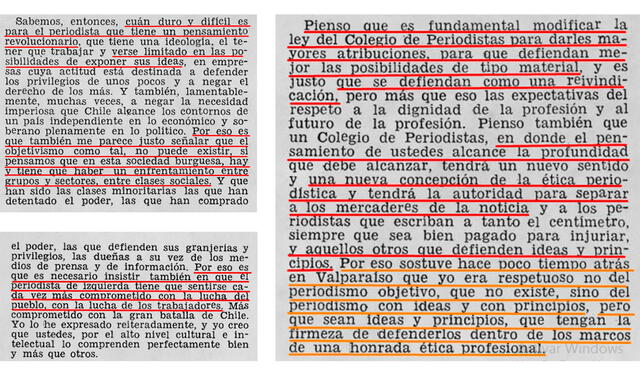 Extractos del discurso de Salvador Allende, en el que hace referencia a la objetividad y la labor de un periodista de izquierda. FOTO: Composición Verificador.