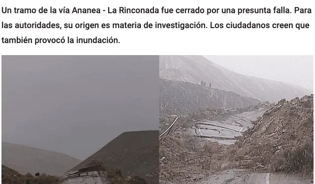 Carretera Ananea-La Rinconada luego del derrame de relaves mineros el 26 de noviembre. Fuente: Captura LR, La República, Infórmate Puno.