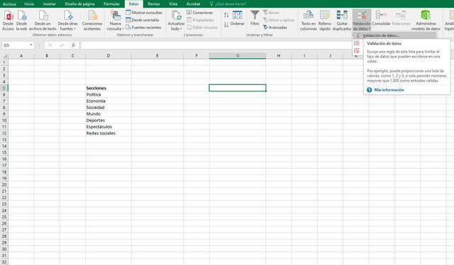 Pasos para crear una lista desplegable en Excel. Foto: captura