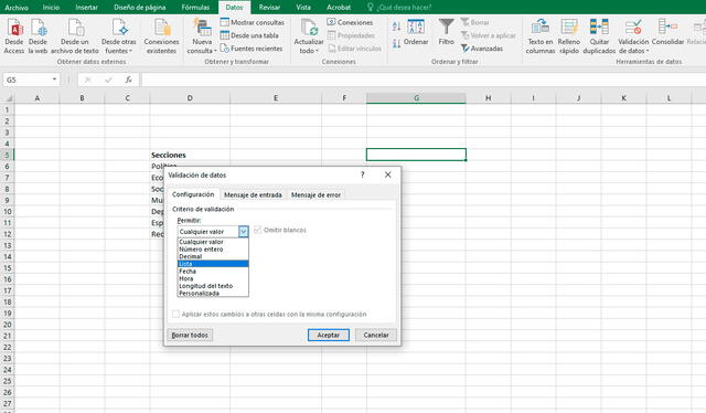 Pasos para crear una lista desplegable en Excel. Foto: captura