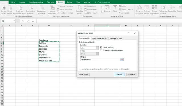 Pasos para crear una lista desplegable en Excel. Foto: captura