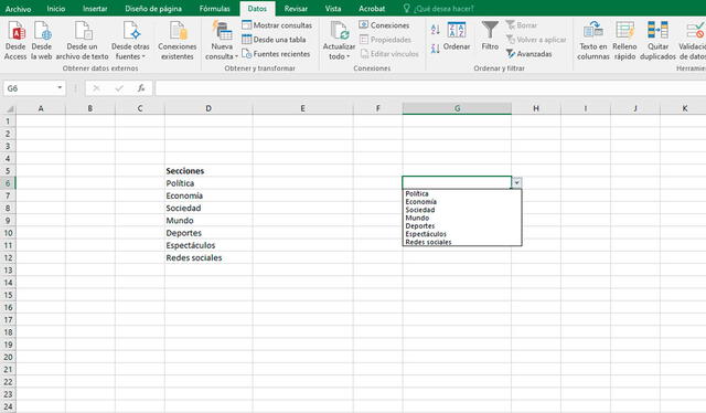 Pasos para crear una lista desplegable en Excel. Foto: captura