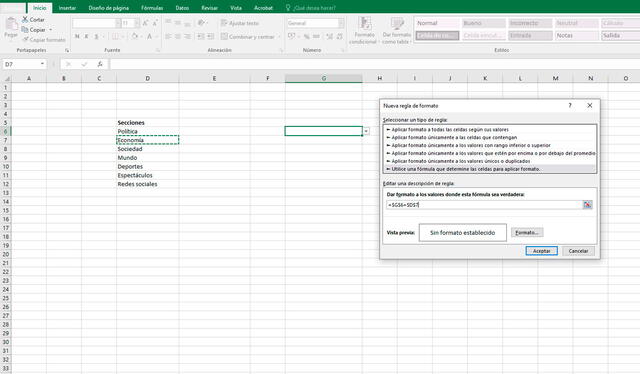 Pasos para crear una lista desplegable con colores en Excel. Foto: captura