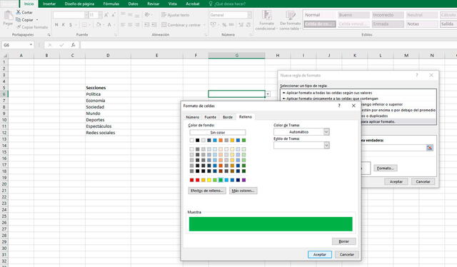 Pasos para crear una lista desplegable con colores en Excel. Foto: captura