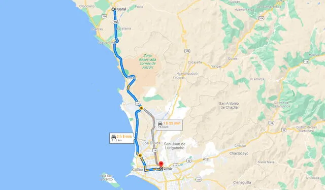Rutas que puedes seguir para ir de Lima a Huaral. Foto: Google Maps