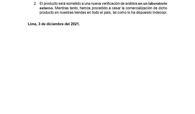 Comunicado de Supermercados Peruanos S.A. tras la decisión de Indecopi de retirar el panetón Bell's del mercado en plena campaña navideña. Producto tendría más grasas trans de las permitidas. Fuente: Supermercados Peruanos