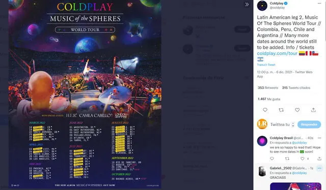 Coldplay se presentará en Lima. Foto: captura Instagram