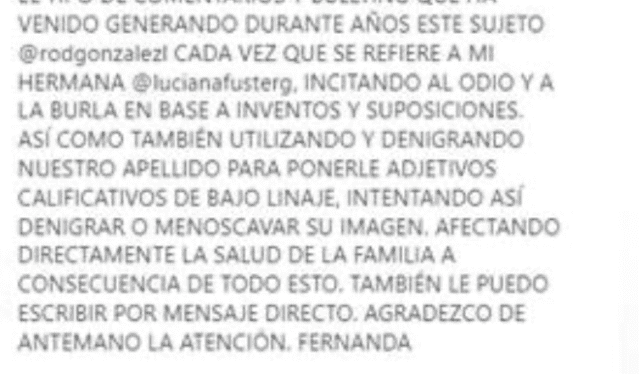 La joven Fernanda Fuster arremetió contra Rodrigo González y pidió la intervención del Ministerio de la Mujer. Foto: Captura / Instagram.