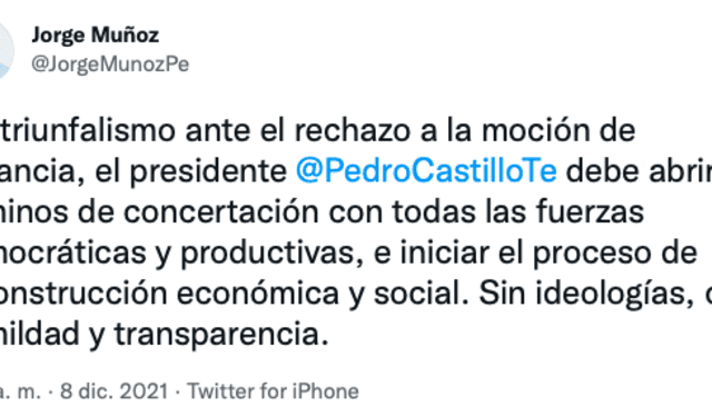 Tuit de Jorge Muñoz, alcalde de Lima