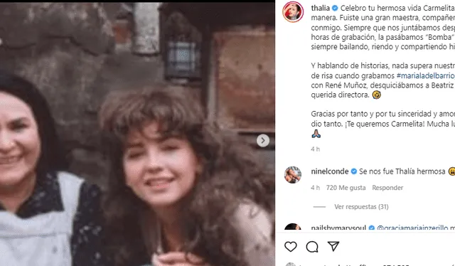 Thalía lamenta la muerte de Carmen Salinas. Foto: Thalía/Instagram.