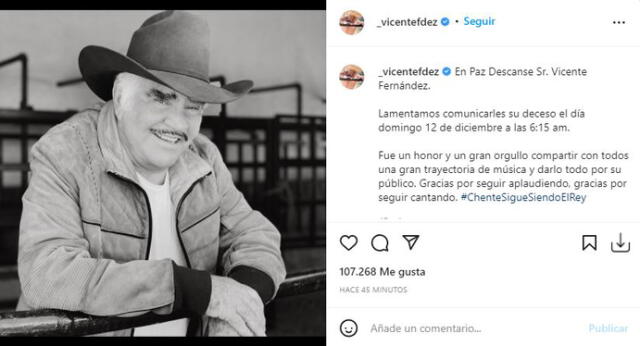 Muere Vicente Fernández a los 81 años. Foto: captura/Instagram