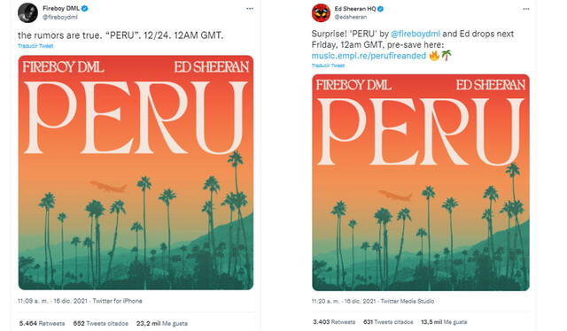 16.12.2021 | Tuits de Ed Sheeran y Fireboy DML sobre el remix "PERU". Foto: captura Ed Sheeran/Fireboy DML/Twitter