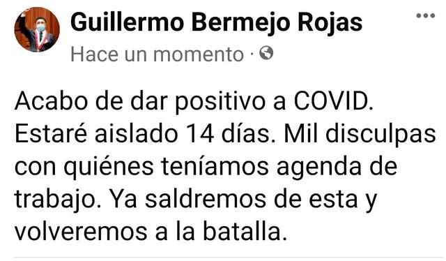 Guillermo Bermejo da positivo a COVID-19 e inicia aislamiento. Foto: captura de Twitter