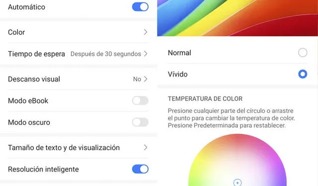 Ajustes de pantalla, brillo y color del Huawei Nova 8i. Foto: captura LR