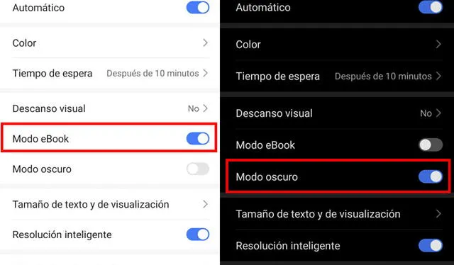 Modo eBook y modo oscuro en el Huawei Nova 8i. Foto: captura LR