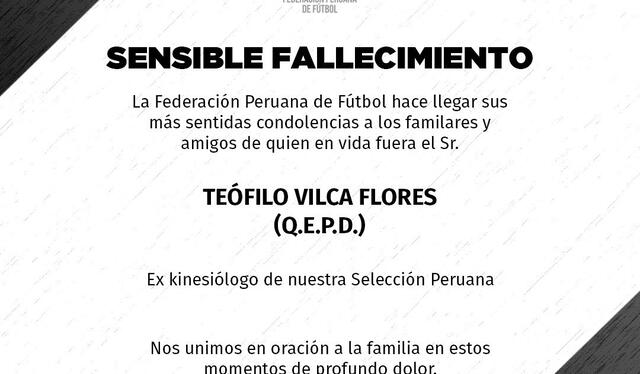 Mensaje de la federación por el fallecimiento de Vilca. Foto: FPF