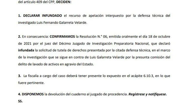 Resolución que rechaza la solicitud de Luis Galarreta.