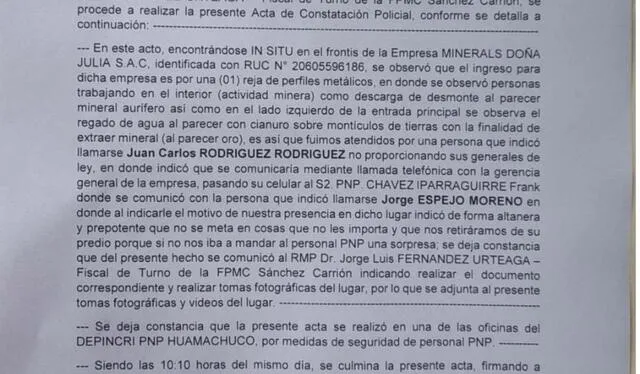 Acta de constatación policial realizada a las instalaciones de Minerals Doña Julia, tras la denuncia de hurto agravado en perjuicio de la Compañía Minera Los Andes Perú Gold SAC.  Foto: Prensa Huamachuco