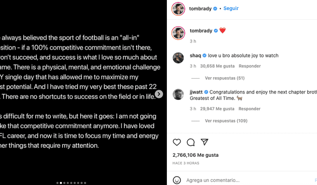 Tom Brady despedida. Foto: captura Instagram Tom Brady