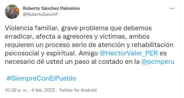 Roberto Sánchez pidió a Héctor Valer dejar el cargo en la PCM. Foto: captura/Twitter