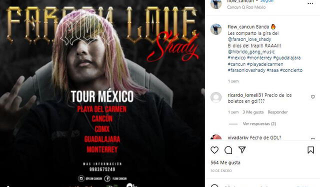 Faraón Love Shady anuncia conciertos en distintos lugares de México, entre ellos, Cancún. Foto: Instagram Flow Cancún