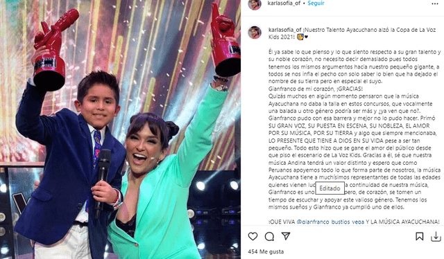 Karla Sofía celebra el triunfo de Gianfranco Bustios en La voz kids 2021. Foto: Karla Sofía/Instagram.