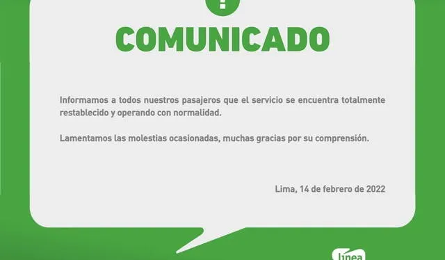 Comunicado de la Línea 1 del Metro de Lima.