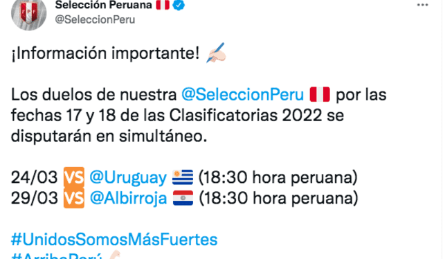 Anuncio de la FPF: Foto: captura Twitter Selección peruana