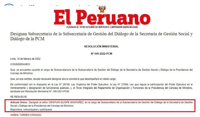 Publicación del diario El Peruano.