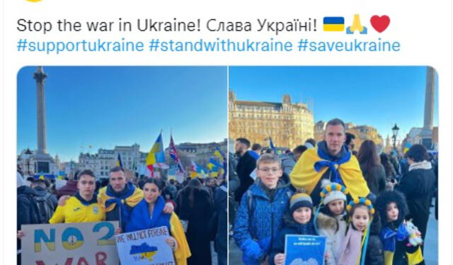 Shevchenko salió a las calles a protestar por los ataques a Ucrania. Foto: Twitter