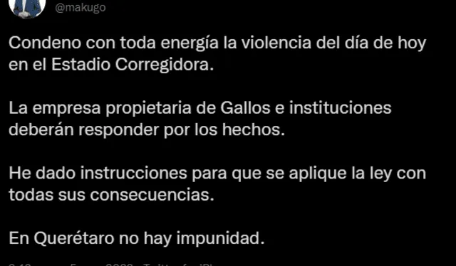 Así escribió Kuri su manifestación en el estadio ubicado en el Estado de Querétaro. Foto: captura Kuri twitter