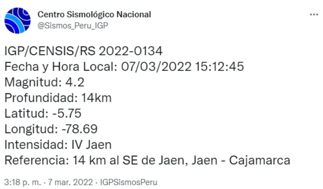 Sismo en Jaen, Cajamarca. Foto: IGP