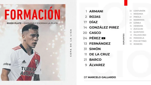 El 11 de River Plate para jugar ante Gimnasia de La Plata. Foto: Twitter River Plate