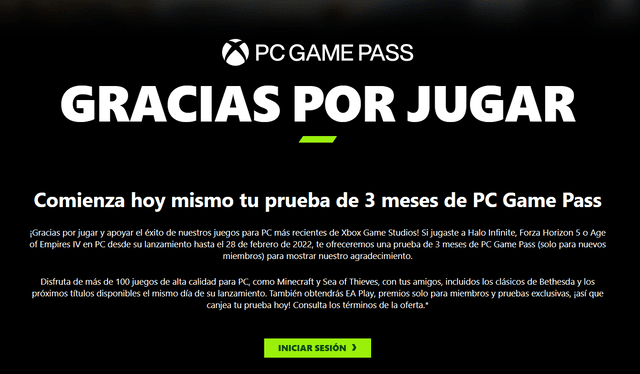 Si disfrutaste de alguno de los videojuegos mencionados hasta el 28 de febrero de 2022, tienes la oportunidad de conseguir tres meses de PC Game Pass. Foto captura: Xbox