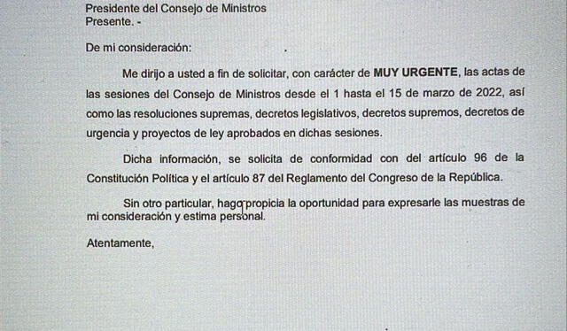 Oficio que envió Jorge Montoya al primer ministro Aníbal Torres.