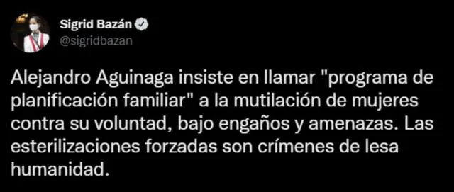 Sigrid Bazán pide que no se llame "programa de planificación familiar" al caso de esterilizaciones forzadas. Foto: captura de Twitter Sigrid Bazán pide que no se llame "programa de planificación familiar" al caso de esterilizaciones forzadas. Foto: captura de Twitter
