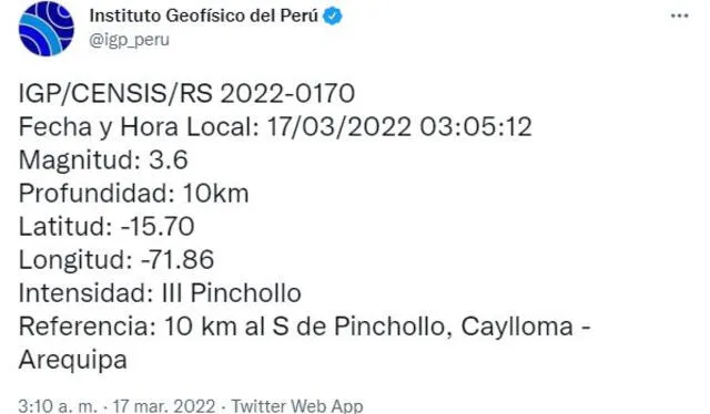 Datos del sismo en Arequipa. Foto: captura IGP Datos del sismo en Arequipa. Foto: captura IGP