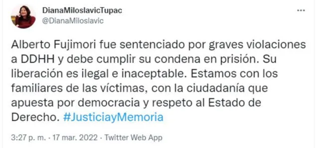 Diana Miloslavic criticó falló del TC en favor de Alberto Fujimori. Foto: captura/Twitter