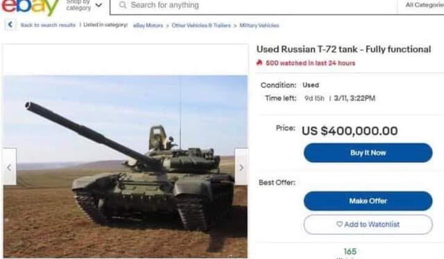 Imagen difundida de una supuesta captura de pantalla de la plataforma de comercio, eBay, donde se estaría ofertando un tanque ruso usado. Fuente: Captura LR, Facebook.