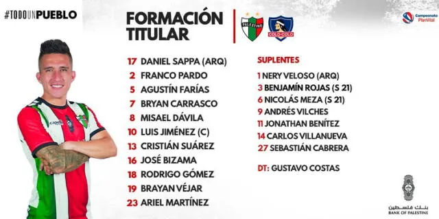 Así forma Palestino ante Colo Colo. Foto: Palestino. Así forma Palestino ante Colo Colo. Foto: Palestino.