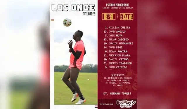 Formación confirmada de Tolima. Foto: Tolima (Twitter)