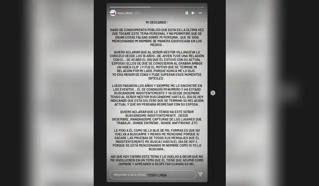 Bailarina Tessy Linda denuncia acoso de Néstor Villanueva. Foto: captura/Instagram