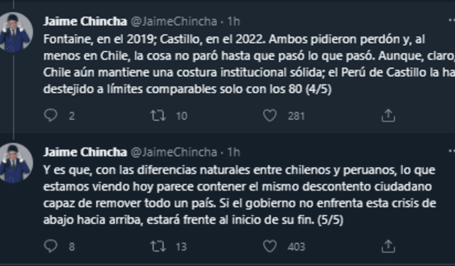 Jaime Chincha lamenta situación actual del país en Twitter, Foto: Twitter