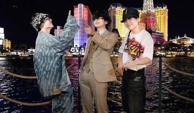 Jungkook, Taehyung y J-Hope de BTS en las fuentes de Bellagio en Las Vegas. Foto: Instagram/@bellagio