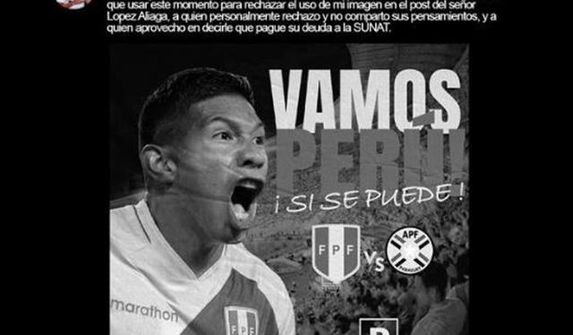 El tuit falso en el que el futbolista Edison Flores rechazó el uso de su imagen por Rafael López. Foto: captura en Facebook.