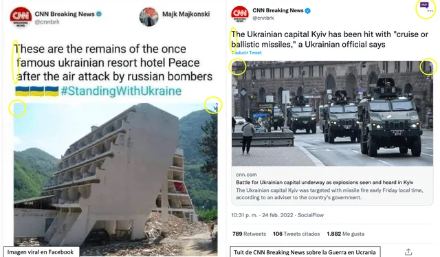 Comparación entre la imagen viral en Facebook (izquierda) y un tuit de CNN Breaking News. Fuente: Composición LR, Facebook, Twitter.