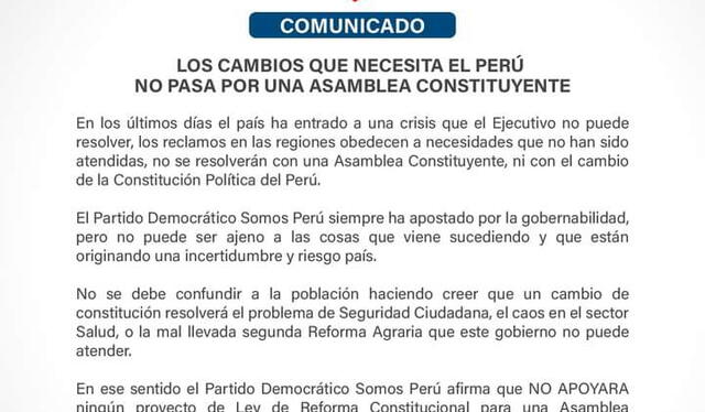 Somos Perú anuncia que no apoyará proyecto de referéndum para asamblea constituyente. Foto: Somos Perú