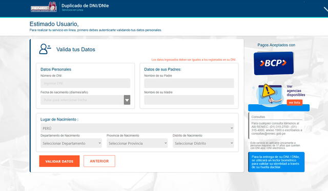 La web de Reniec te permitirá tramitar el duplicado de tu DNIe con una validación de datos. Foto: captura