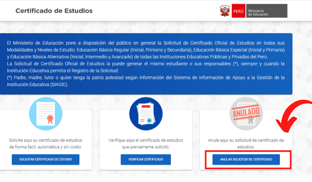 Los usuarios también pueden anular la solicitud de su certificado de estudios. Foto: captura Minedu