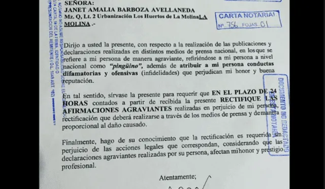 Janet Barboza recibe carta notarial de Alfredo Zambrano, esposo de Magaly Medina. Foto: Twitter